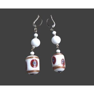 Vtg Vintage White Milk Glass & Millefiori Bead Earrings Long Drop Dangle ~ 3"